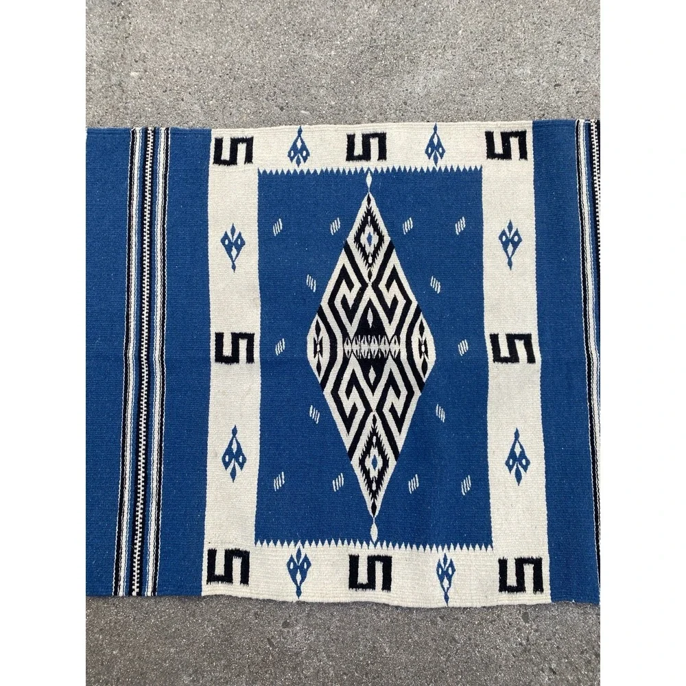 Antique Texcoco Rug Woven Blue Mexico Rio Grande 38x25 RARE